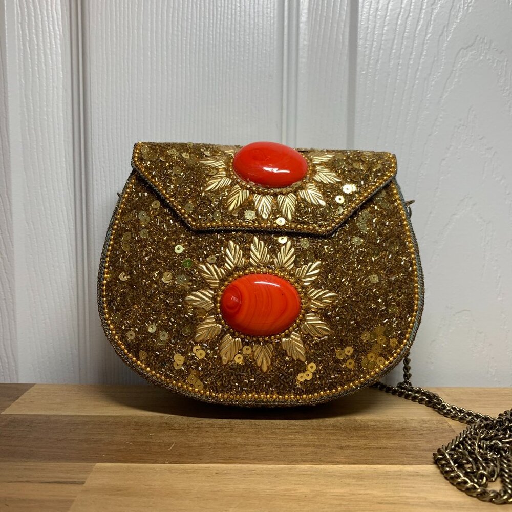 Vintage Gold Beaded Crossbody Bag with Red Stones, Festival & Evening Purse